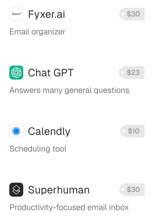 List showing four apps with icons, descriptions, and prices: Fyxer.ai email organizer $30, Chat GPT answering questions $23, Calendly scheduling tool $10, and Superhuman productivity email inbox $30.