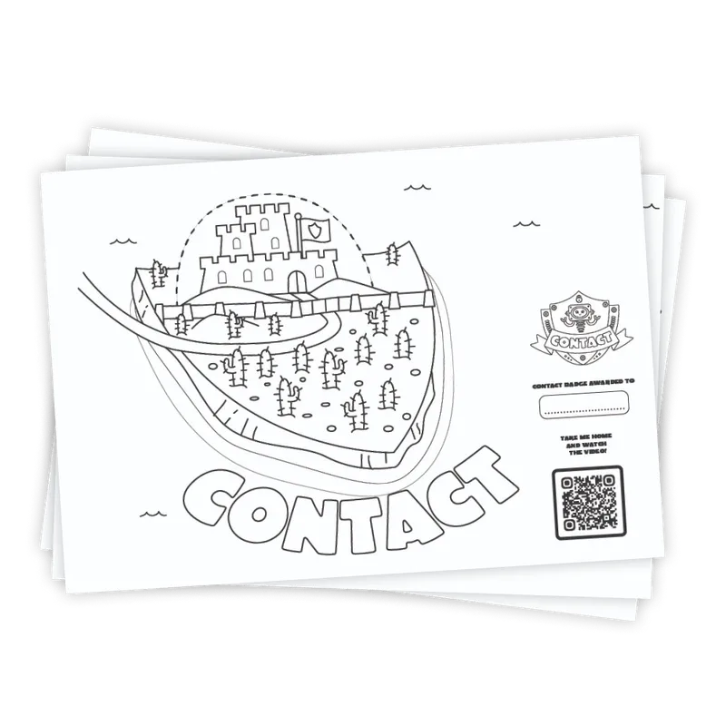 Contact Island worksheet: A white paper featuring a castle illustration for children to colour in.