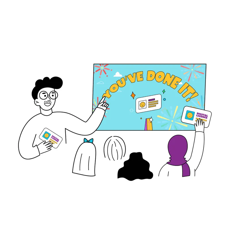 An illustration of the a teacher and children celebrating earning their digital licence.