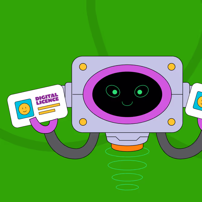 A cartoon robot holding a digital licence.