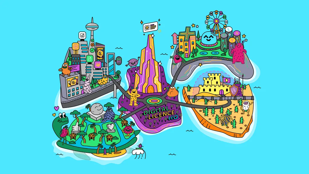 An illustration depicting the Digital Licence HQ at the centre, surrounded by four risk area islands labelled: Content, Contact, Conduct, and Compulsion, each representing a specific focus area.