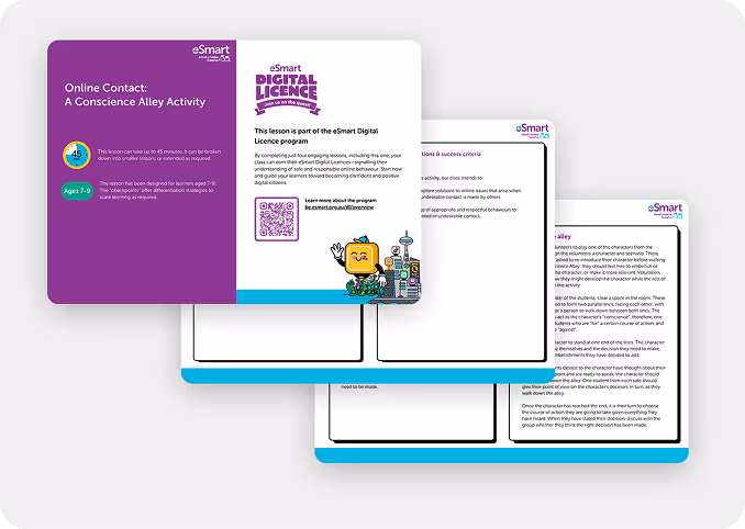 Three overlapping pages of an educational activity titled 'Online Contact: A Conscience Alley Activity' from the eSmart Digital Licence program, featuring instructions, colorful illustrations, and QR code.