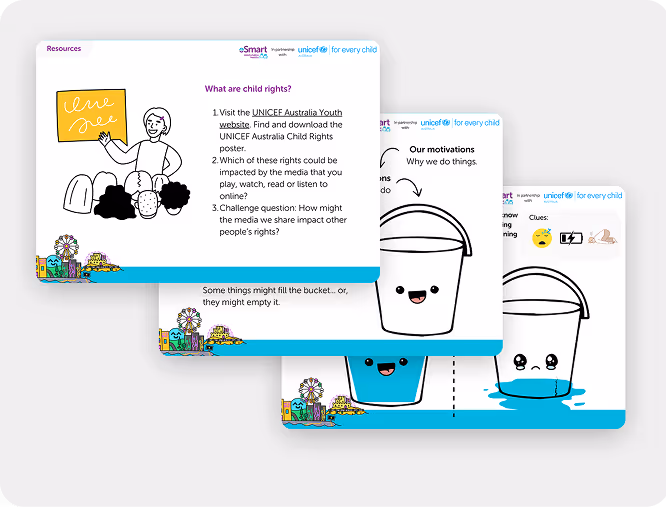 Illustrated educational cards featuring child rights questions and a cartoon bucket character representing emotions and motivations, with UNICEF and Smart partnership logos.