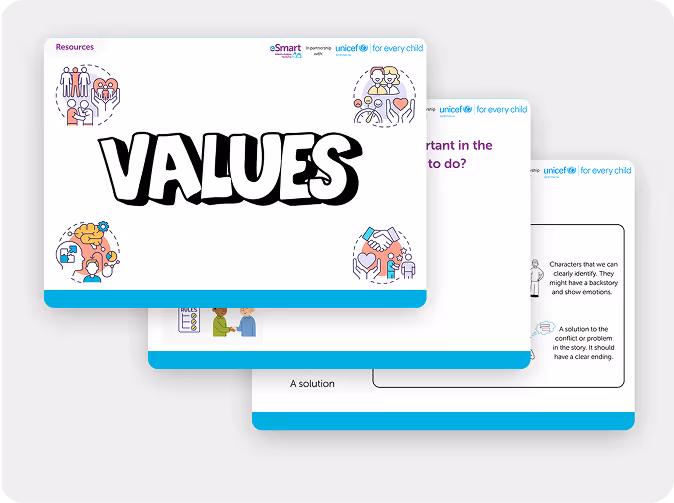 Stack of educational resource slides, top slide titled 'VALUES' with colorful icons of people, heart, handshake, and thought bubbles.