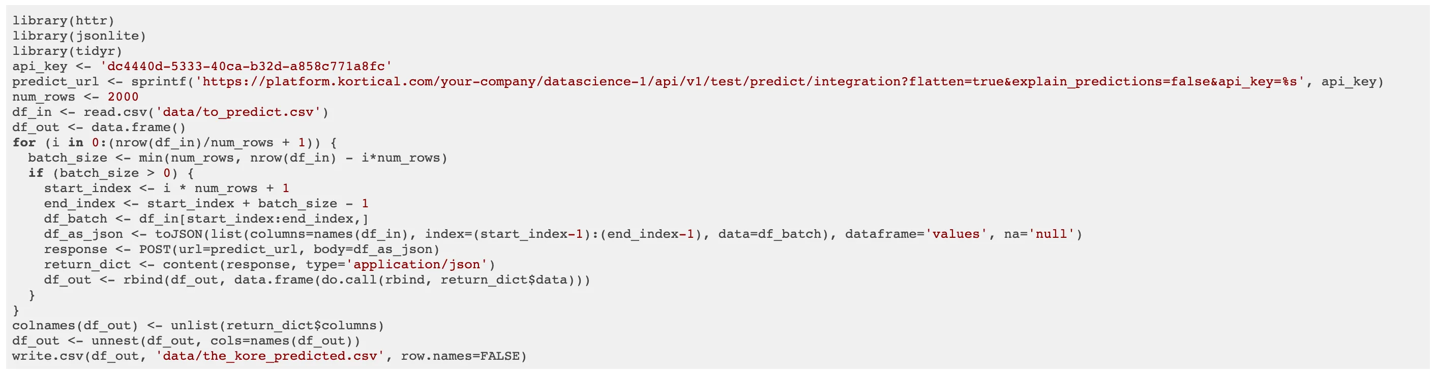 R code snippet for Kortical platform
