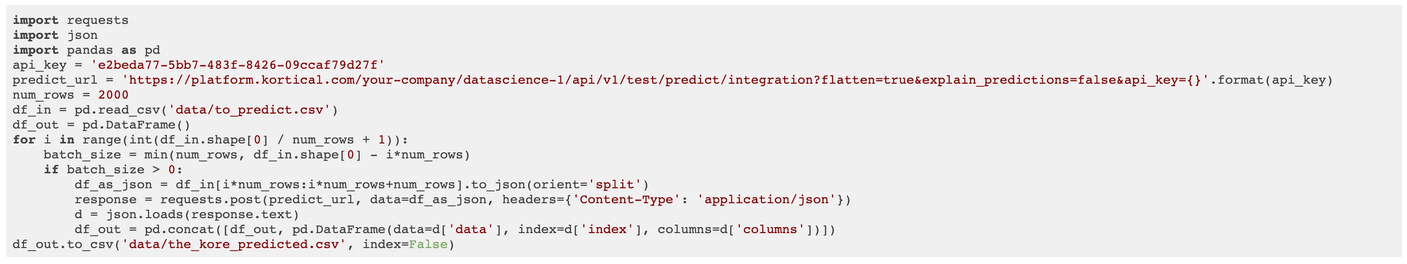 Python code snippet for Kortical platform
