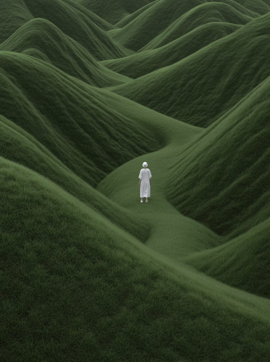 Une personne en robe blanche et chapeau marche sur un sentier herbeux sinueux à travers des collines verdoyantes ondulantes.