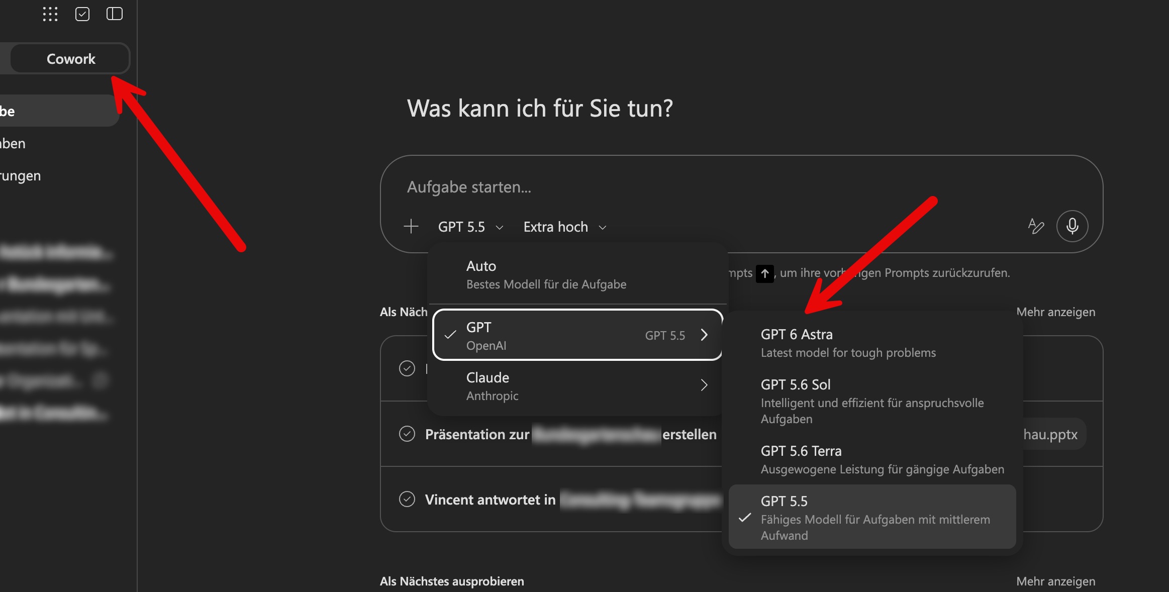 Modell-Picker in Copilot Cowork mit GPT 6 Astra, GPT 5.6 Sol, GPT 5.6 Terra und GPT 5.5