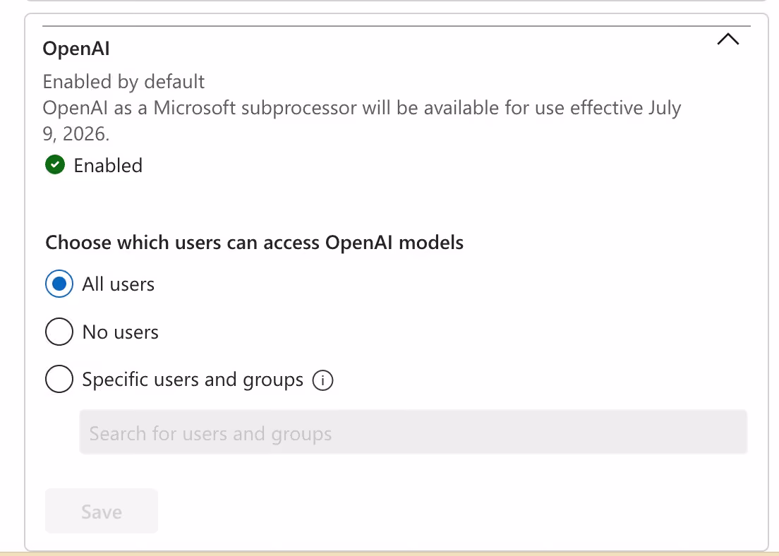 OpenAI als Microsoft-Subprozessor im Microsoft 365 Admin Center, standardmaessig fuer alle Nutzer aktiviert