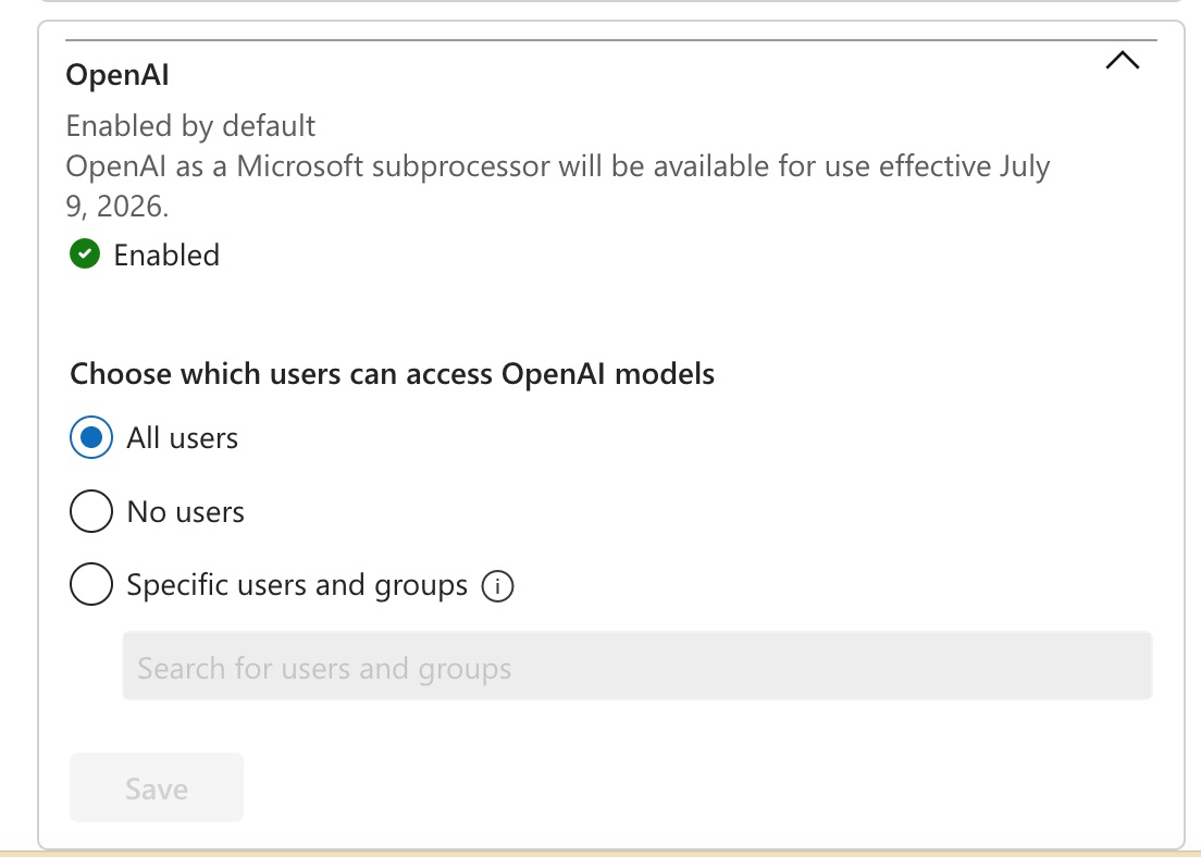 OpenAI als Microsoft-Subprozessor im Microsoft 365 Admin Center, standardmaessig fuer alle Nutzer aktiviert