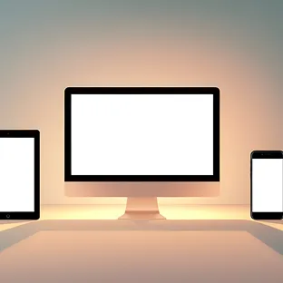 Blank screens of a tablet, desktop computer, and smartphone on a desk with soft glowing light behind.