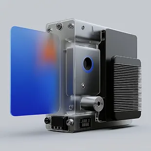 3D rendering of a transparent and black electronic device with a blue rectangular screen on one side.