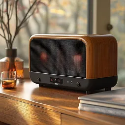 Compact wooden and black portable electric heater on a wooden table next to a glass and a stack of books.