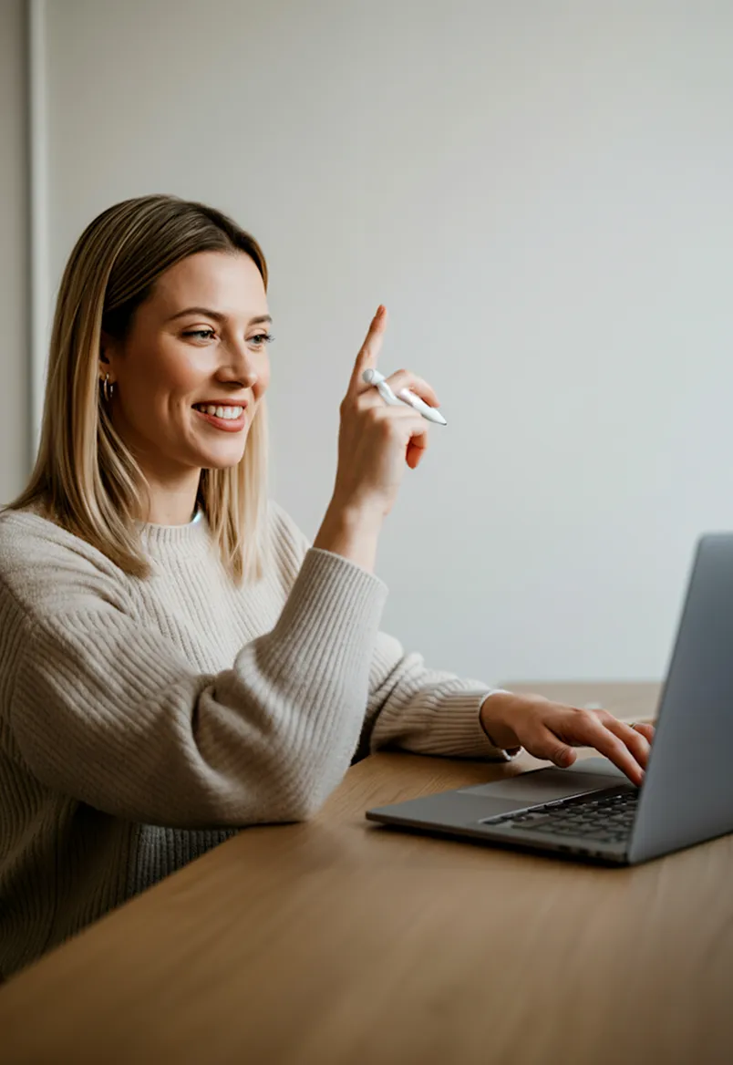 Smiling woman in beige sweater pointing upward while using a laptop at a wooden desk.