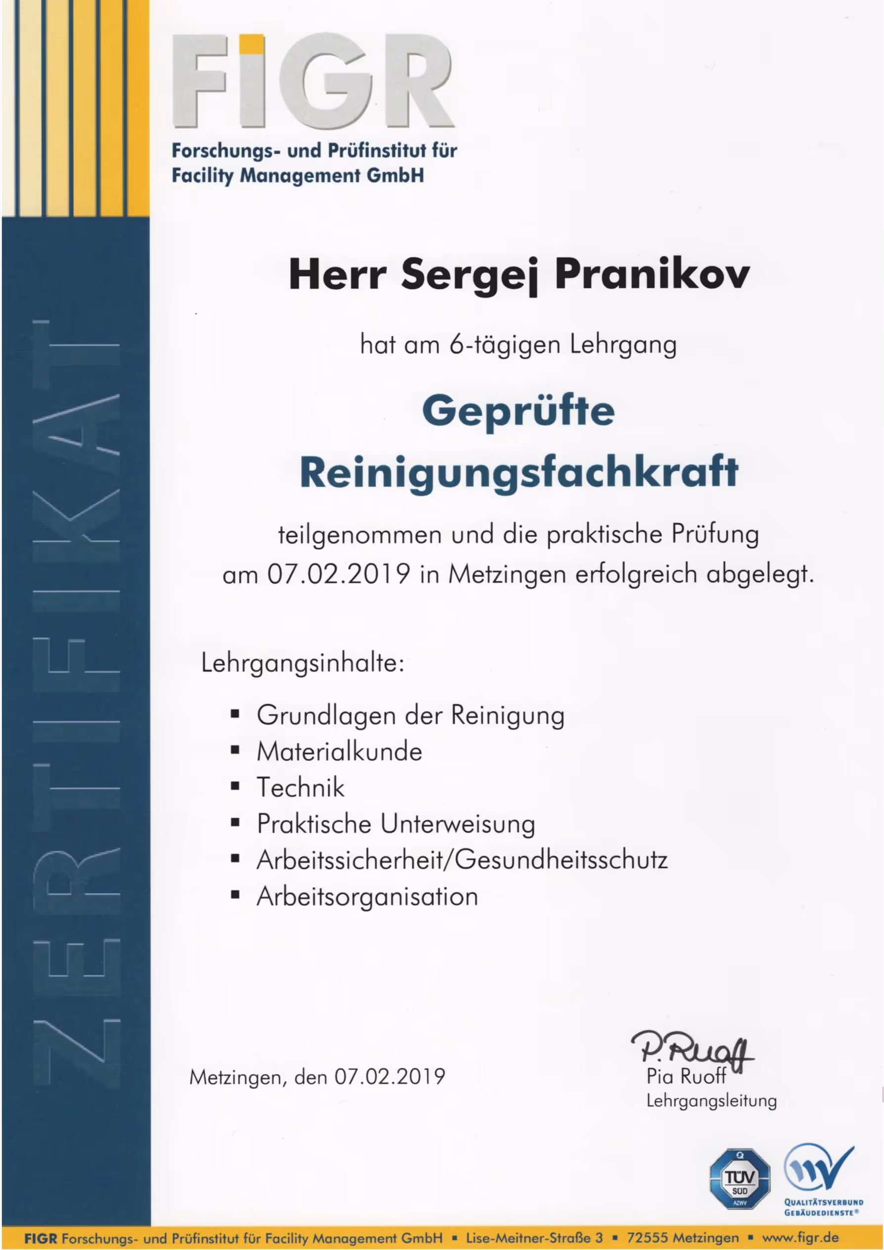 Zertifikat von FIGR zur Geprüften Reinigungsfachkraft von Sergej Pranikov