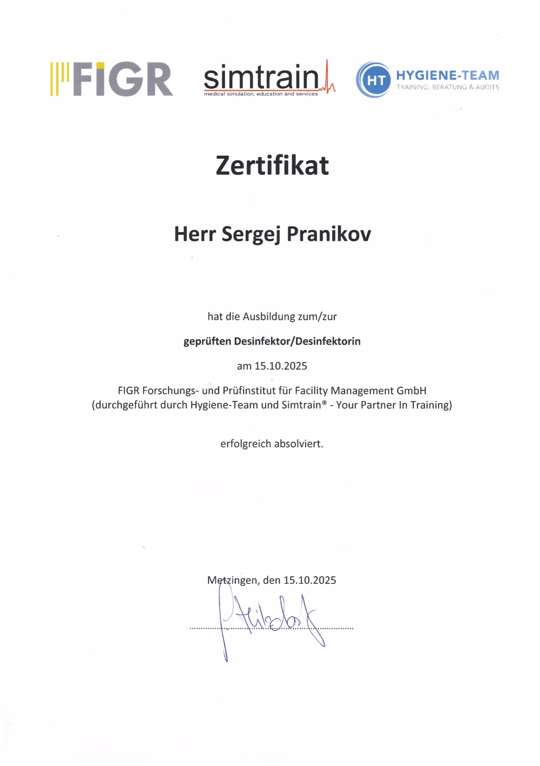 Zertifikat zum geprüften Desinfektor Sergej Pranikov