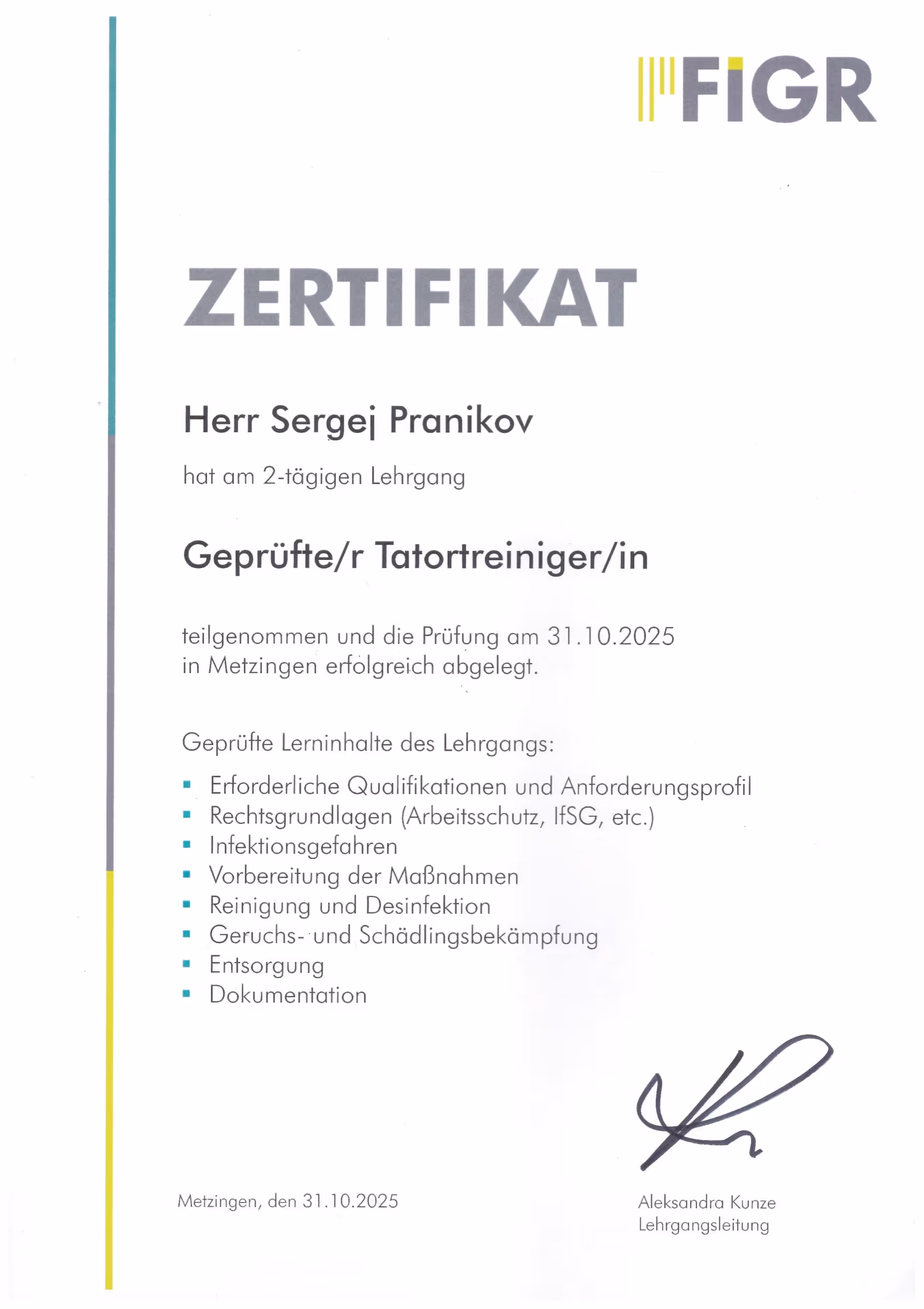 Zertifikat Geprüfte/r Tatortreiniger/in Sergej Pranikov