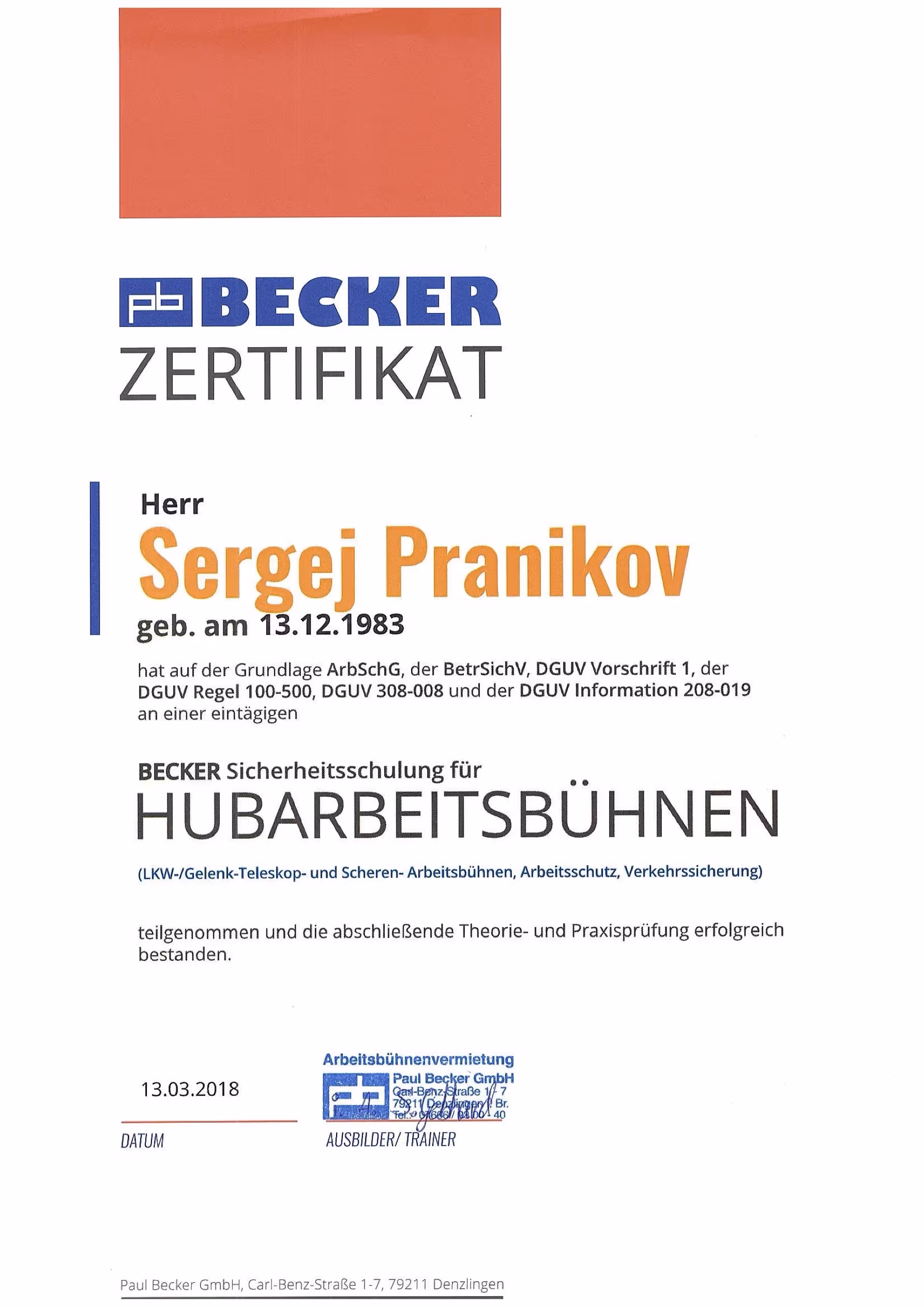 Zertifikat zur Sicherheitsschulung für Becker Hubarbeitsbühnen Sergej Pranikov