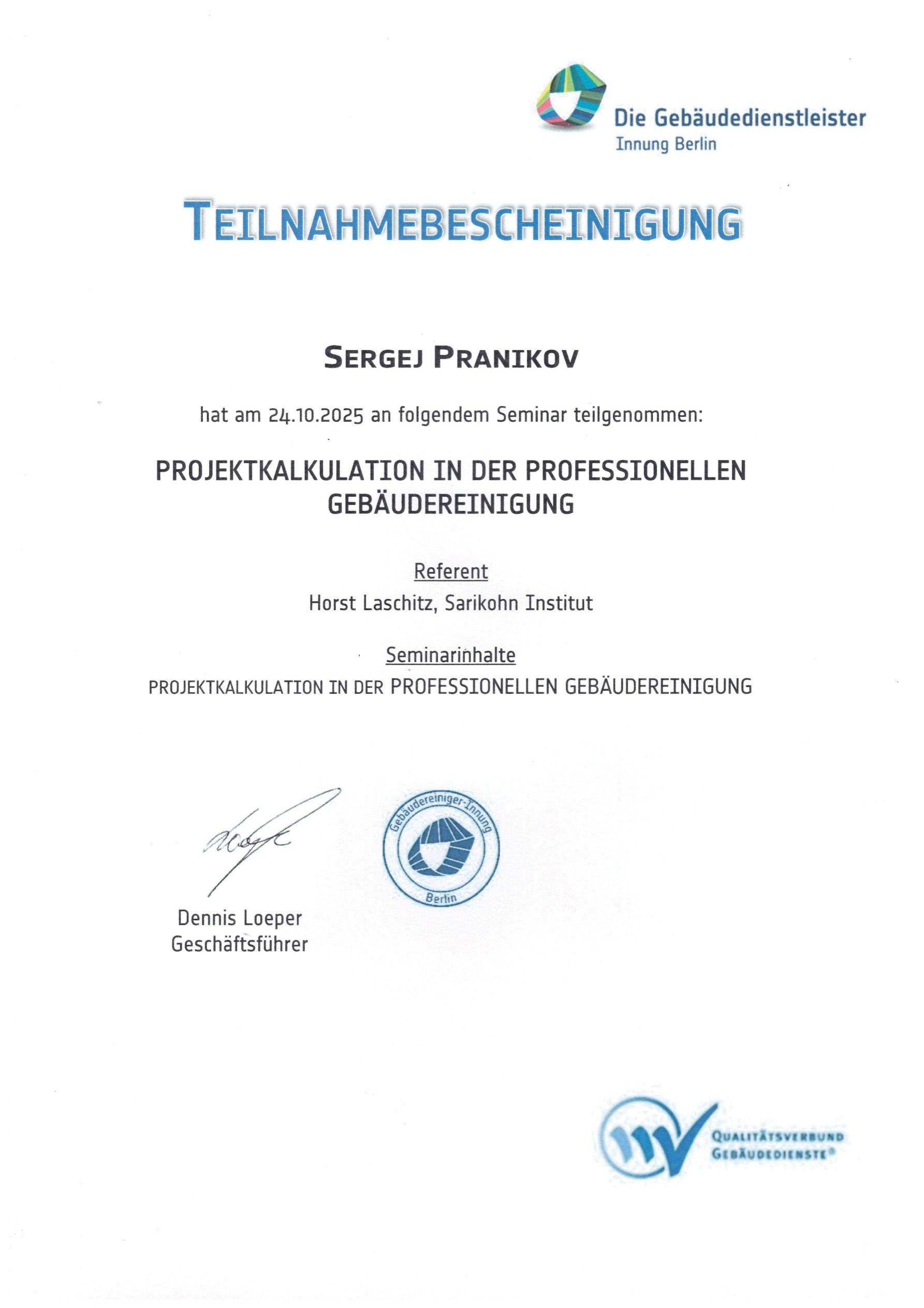 Seminar Teilnahmebescheinigung: Angebote profitabel kalkulieren von Sergej Pranikov