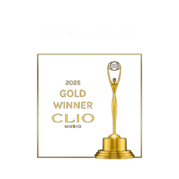 Clio Music Gold Winner 2023 trophy with the Clio logo above
