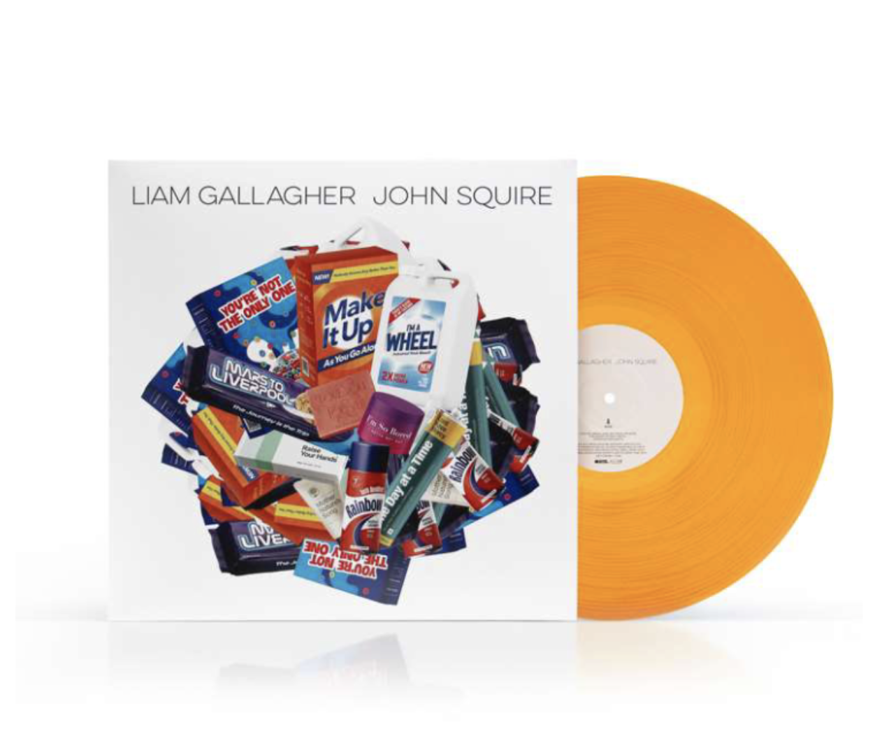 Orange record, some of which is in an album cover with a collage of food and household packaging, with the names Liam Gallagher and John Squire at the top of the cover.