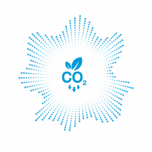 Blaues CO2-Symbol mit zwei Blättern und drei Pfeilen nach unten, umgeben von einer strahlenförmigen Punktewolke.
