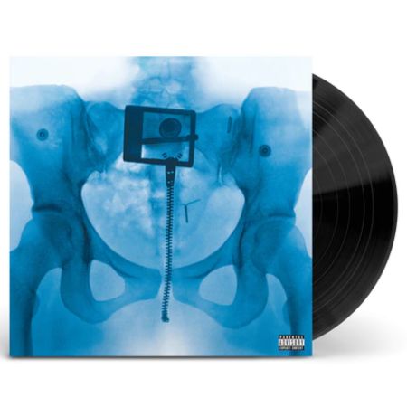 Schallplattencover "Virgin" von Lord mit einem becken-röntgenbild, das einen alten tragbaren Musikplayer mit Kopfhörer im Beckenbereich zeigt.