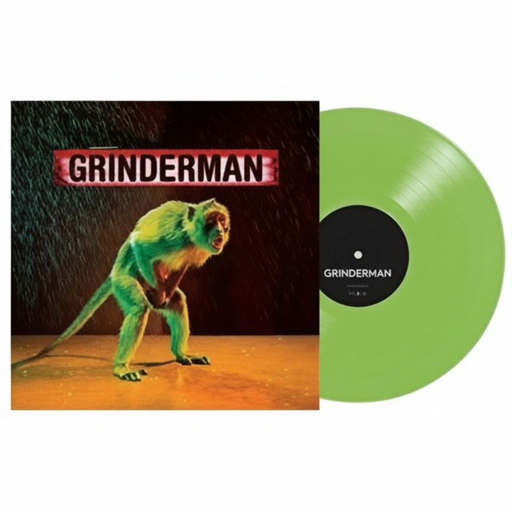 Schallplattencover von Grinderman mit einem grünen Affen und einer grünen Vinyl-Schallplatte.