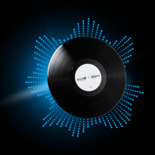 Black record against a blue, vibrant equalizer background.