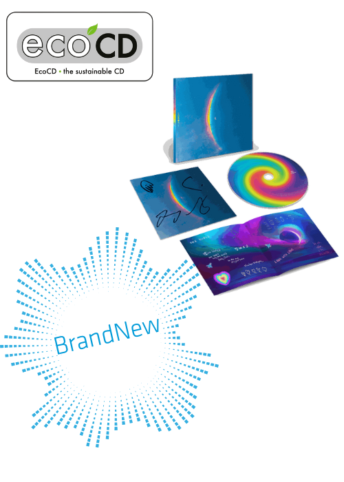 Das EcoCD-Logo mit Nachhaltigkeitsslogan und eine farbenfrohe Musik-CD-Verpackung mit einer spiralförmigen Regenbogenscheibe, signiertem CD-Cover und Booklet.
