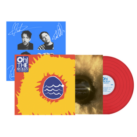 Albumcover von Ashnikko mit einem fantasievollen Cartoon-Gesicht mit blauen Haaren vor einem rosafarbenen Himmel und blauem Vinylschallplatten-Design.