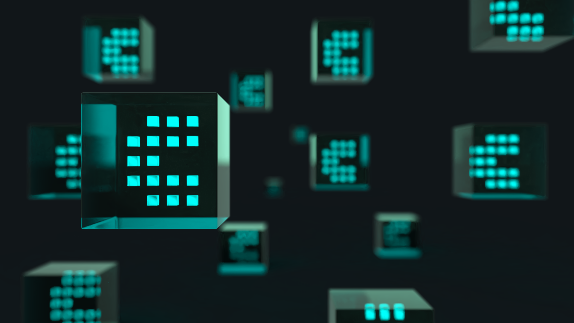 Flying cubes in the style of the logo, moving toward the viewer.