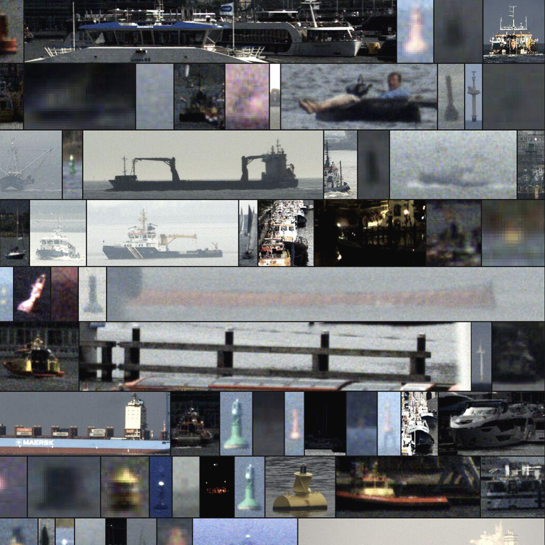 A collage of images and scenarios captured by a ship's onboard camera.