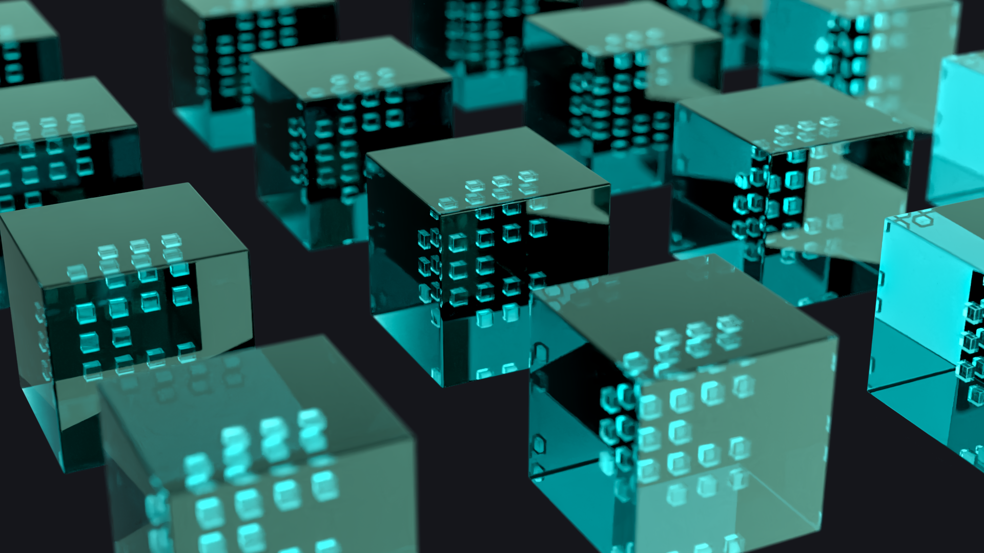 Cubes in the style of the logo arranged in a grid, representing the various skills of the company.