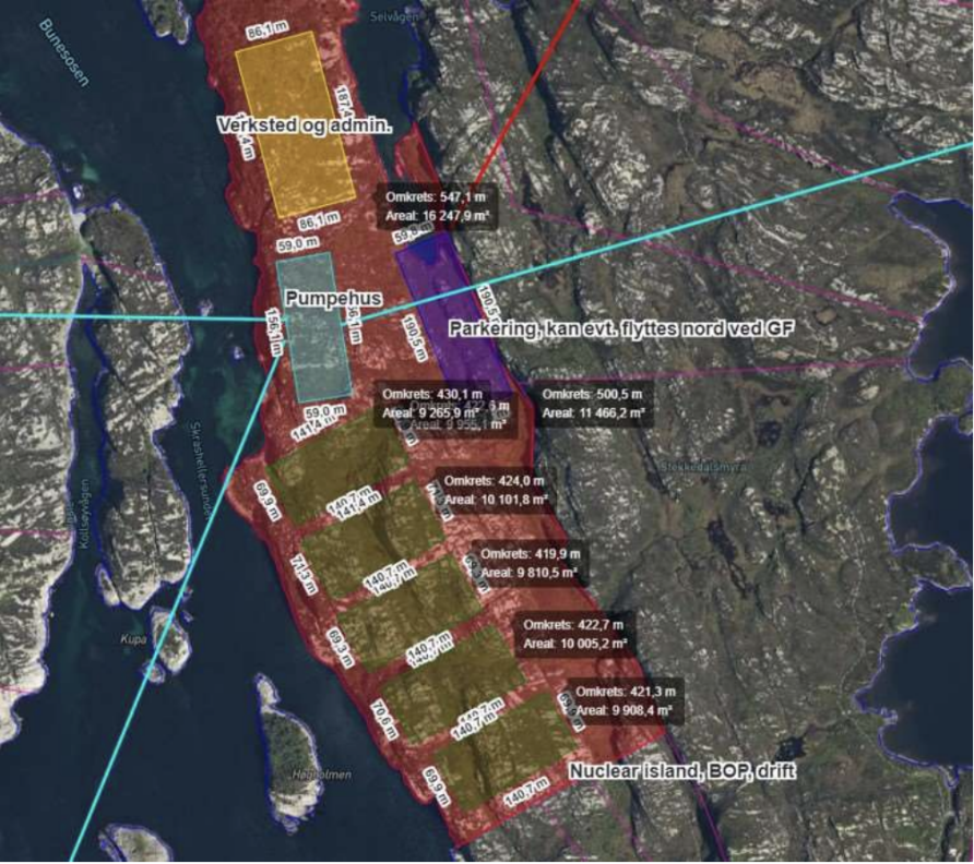 Planskisse som viser tenkt utnyttelse av arealet i Øygarden; fra « Kjernekraftverk i Øygarden. Melding med forslag til utredningsprogram » som ble sendt til Energidepartementet i august 2024.