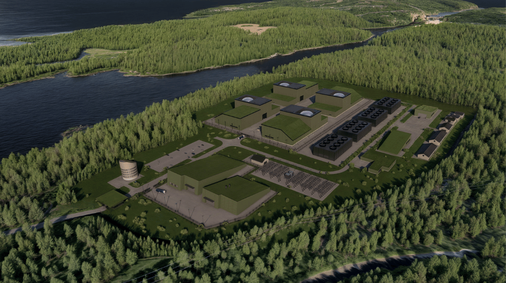 Arkitekttegning av Halden Kjernekraft, lokasjon med 4 stk SMR-er.