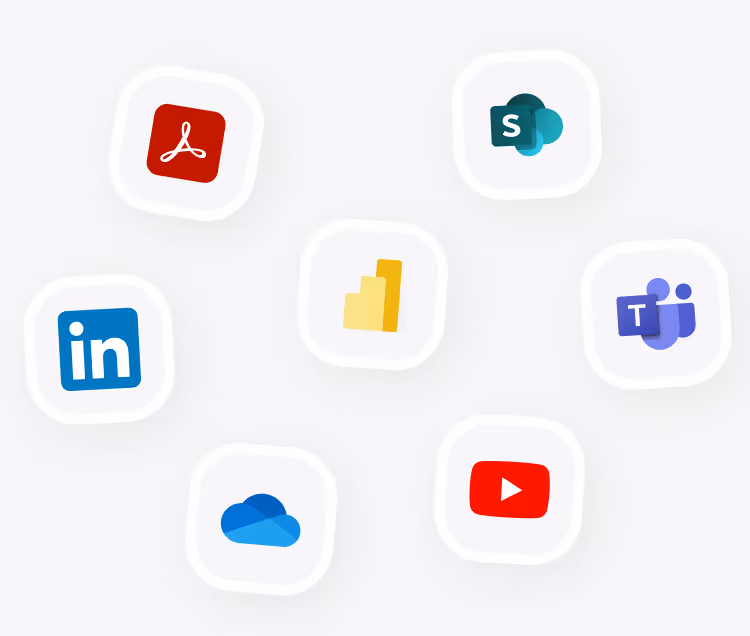 Logos von Adobe Acrobat, SharePoint, Microsoft Teams, YouTube, OneDrive, Twitter X und Power BI auf hellem Hintergrund.