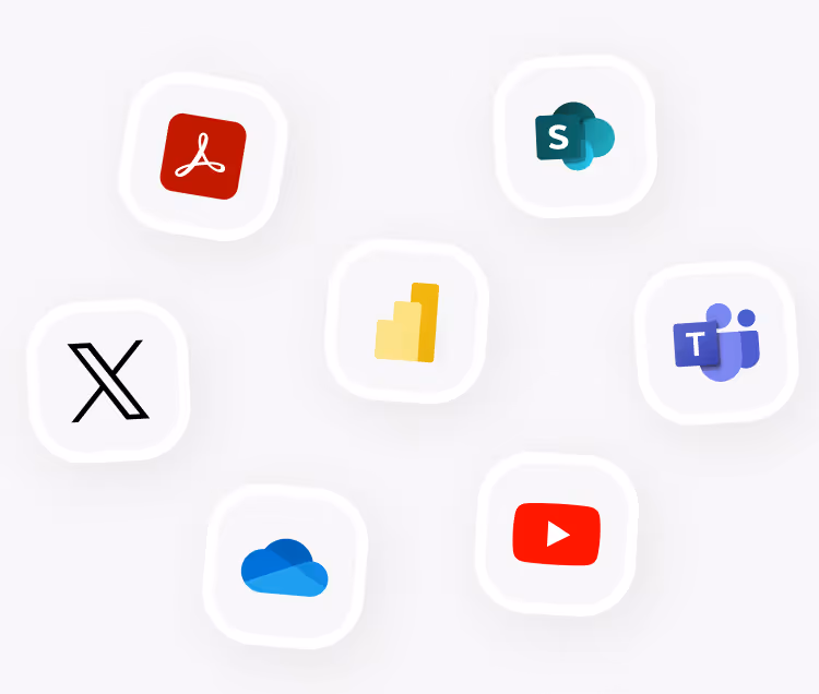 Logos von Adobe Acrobat, SharePoint, Microsoft Teams, YouTube, OneDrive, Twitter X und Power BI auf hellem Hintergrund.