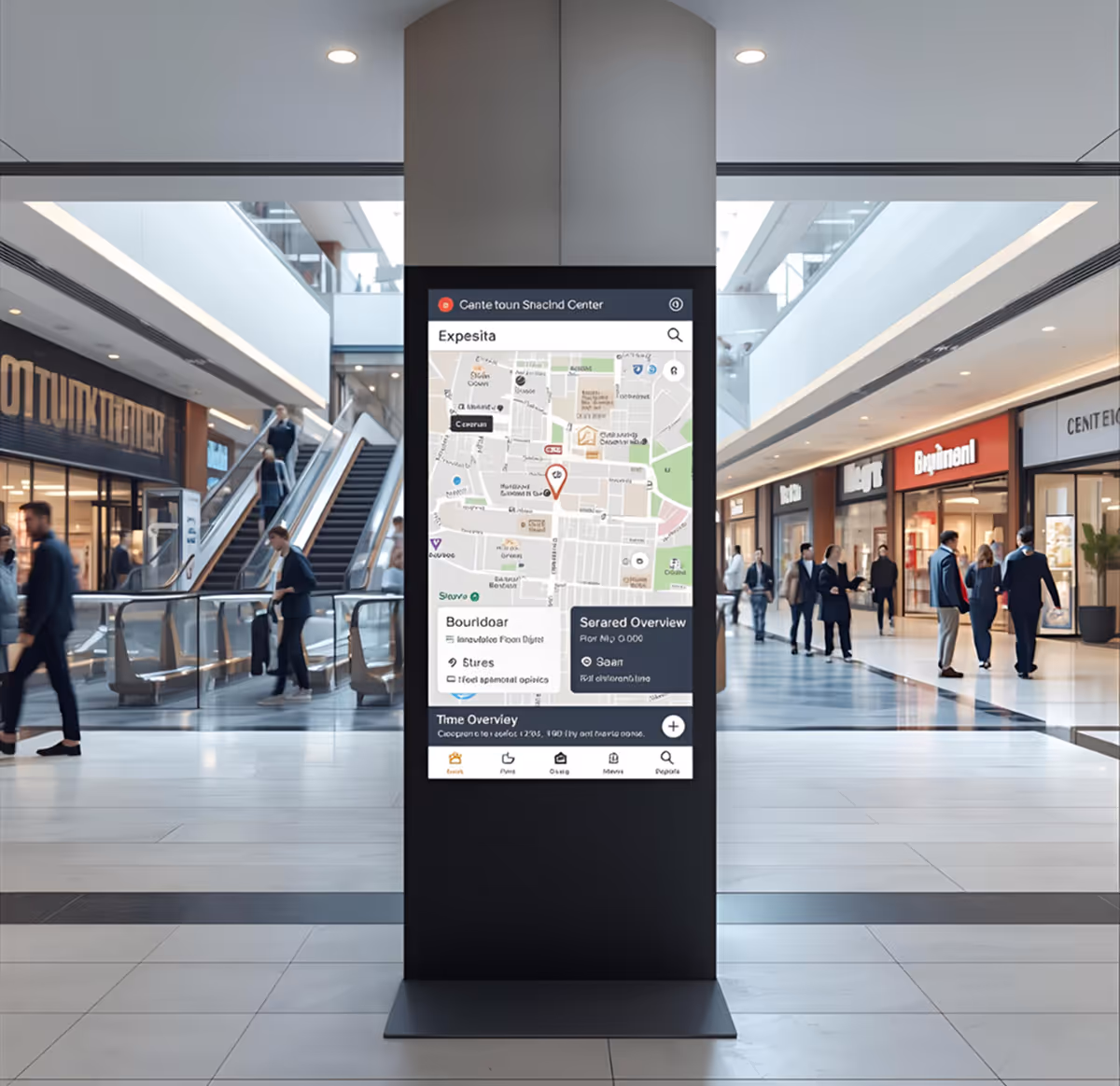 Digitale Informationsanzeige mit einer Karte eines Einkaufszentrums in einer belebten Mall mit Rolltreppen und Geschäften im Hintergrund.