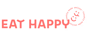 Text 'EAT HAPPY' in red with a smiley face made from fork and spoon forming a circular shape on the right.