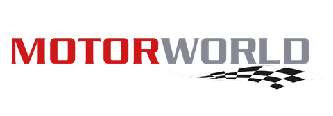 Logo von MOTORWORLD mit rotem und grauem Schriftzug und einem stilisierten, schwarz-weißen Zielflaggenmuster.