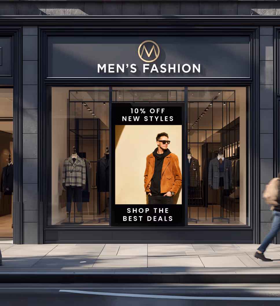 Schaufenster eines Herrenmodegeschäfts mit Werbetafel, die 10% Rabatt auf neue Stile und beste Angebote zeigt, dazu ein Mann in brauner Jacke.