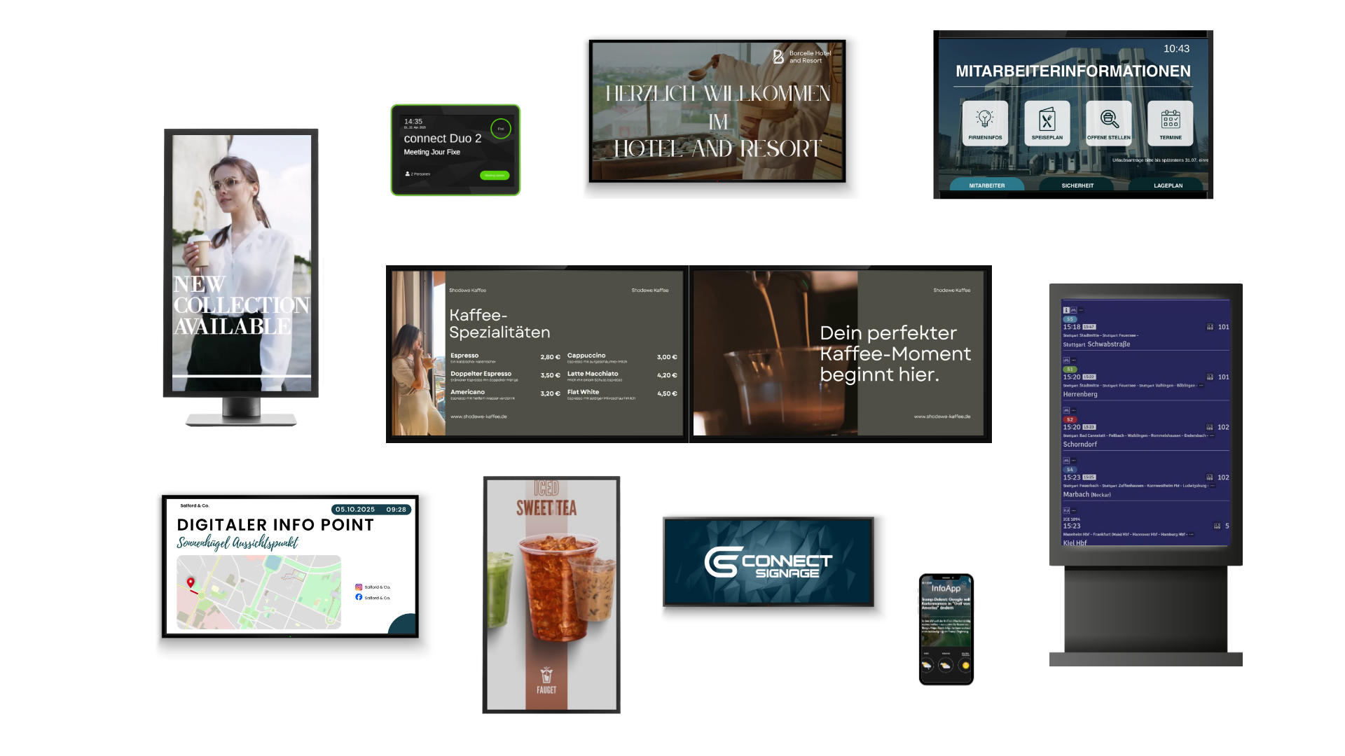 Verschiedene digitale Bildschirme zeigen Inhalte wie Kaffeemenü, Mitarbeiterinformationen, Meeting-Planer, Begrüßung im Hotel, digitale Fahrpläne, Karteninfo und Werbeanzeige für Eistee.