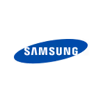 Samsung Firmenlogo mit weißem Schriftzug auf blauem Ovalhintergrund.