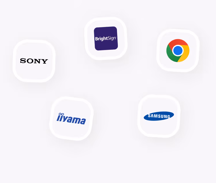 Logos der Marken Sony, BrightSign, Google Chrome, iiyama und Samsung auf weißem Hintergrund.