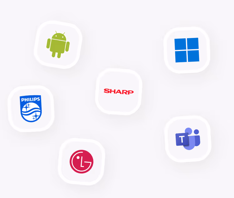 Logos von Android, Microsoft Windows, Philips, Sharp, LG und Microsoft Teams auf weißem Hintergrund.