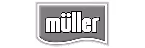 Müller Markenlogo in Weiß auf grauem Hintergrund mit konturiertem Rahmen.