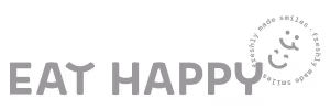 Schriftzug 'EAT HAPPY' mit einem Lächeln und ‚Certified Organic‘-Emblem in Schwarz-Weiß.