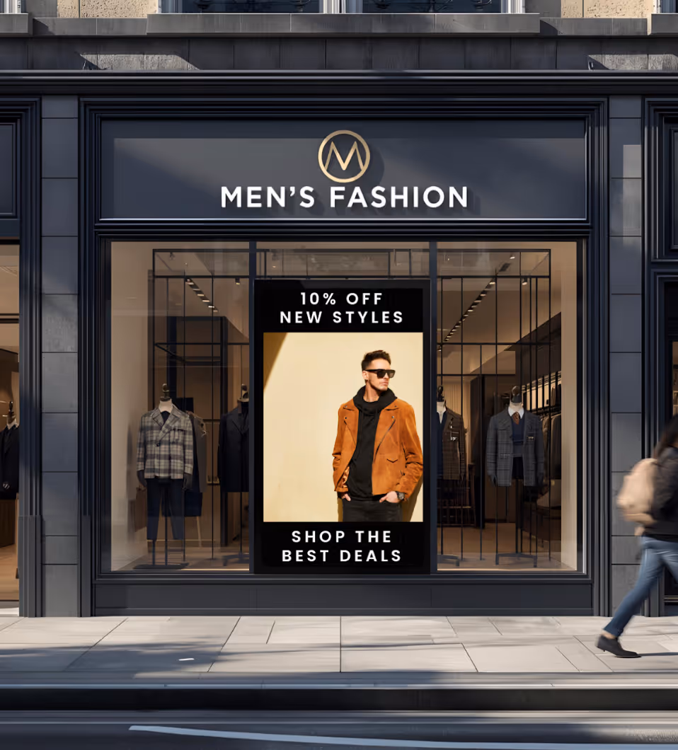Schaufenster eines Herrenmodegeschäfts mit Werbeplakat für 10 % Rabatt auf neue Styles und einem Mann in brauner Jacke und Sonnenbrille.