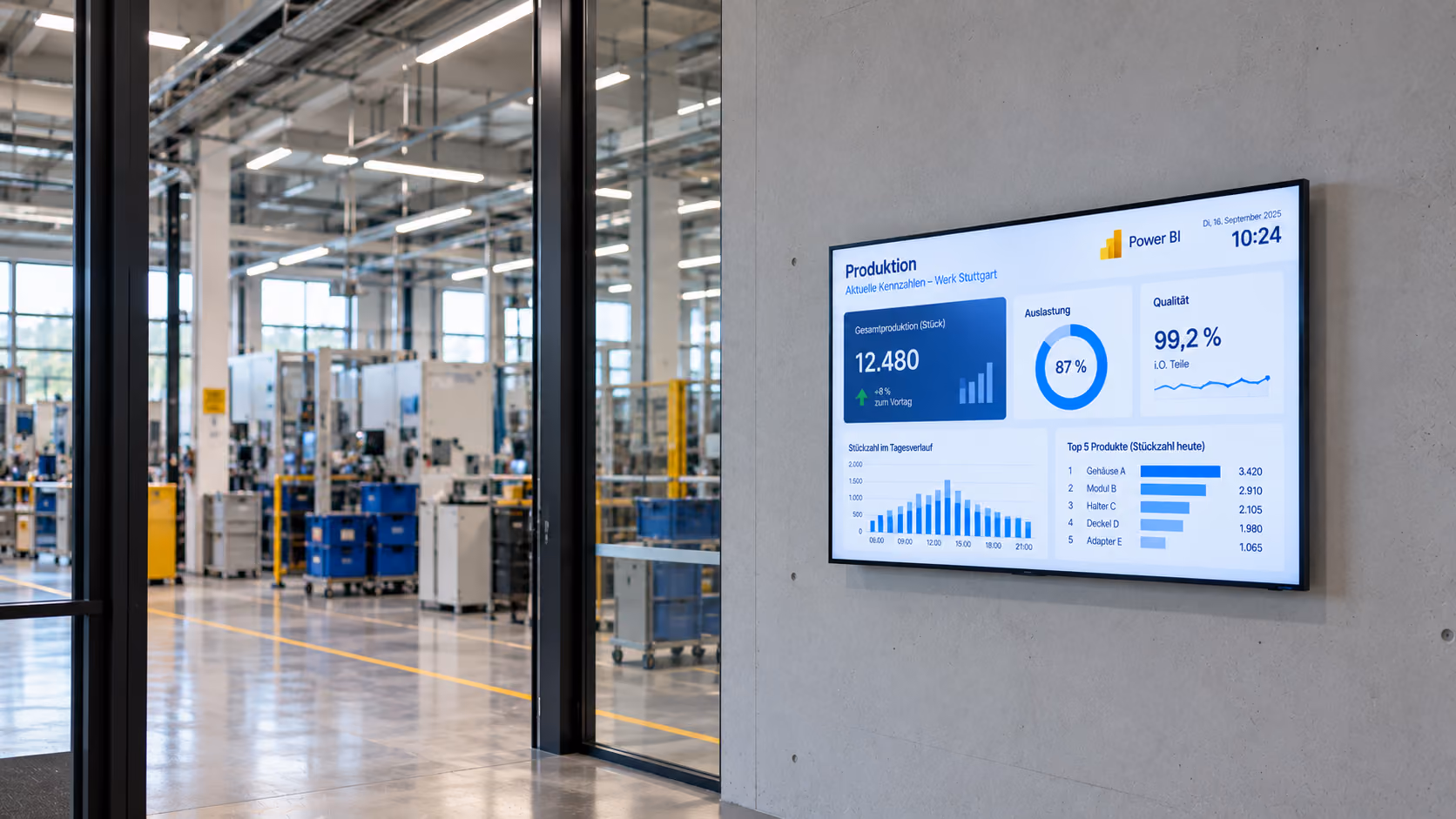 Power BI Dashboard mit Produktionskennzahlen auf einem Digital-Signage-Display